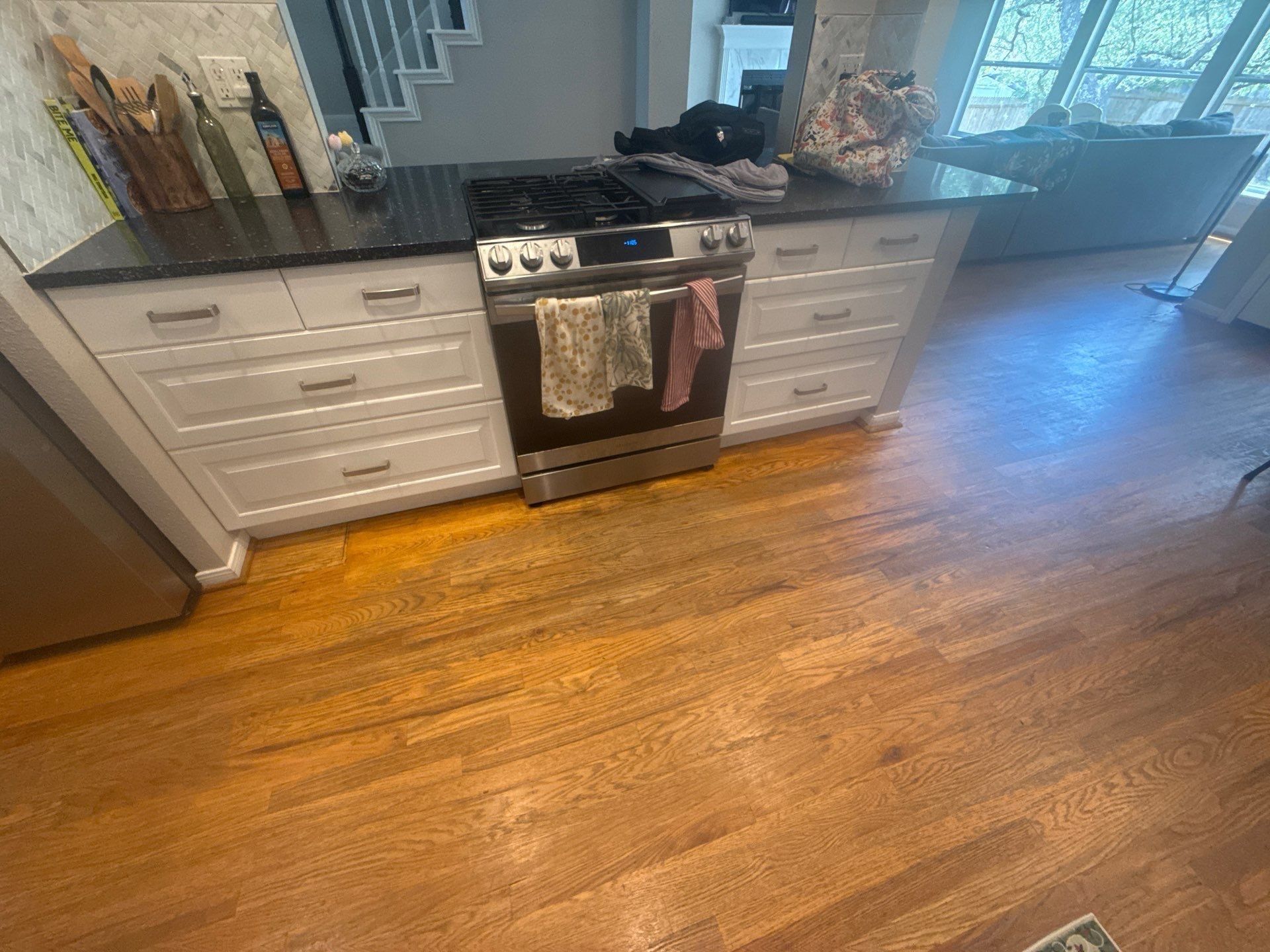 Kitchen cabinets around the range ahead of painting