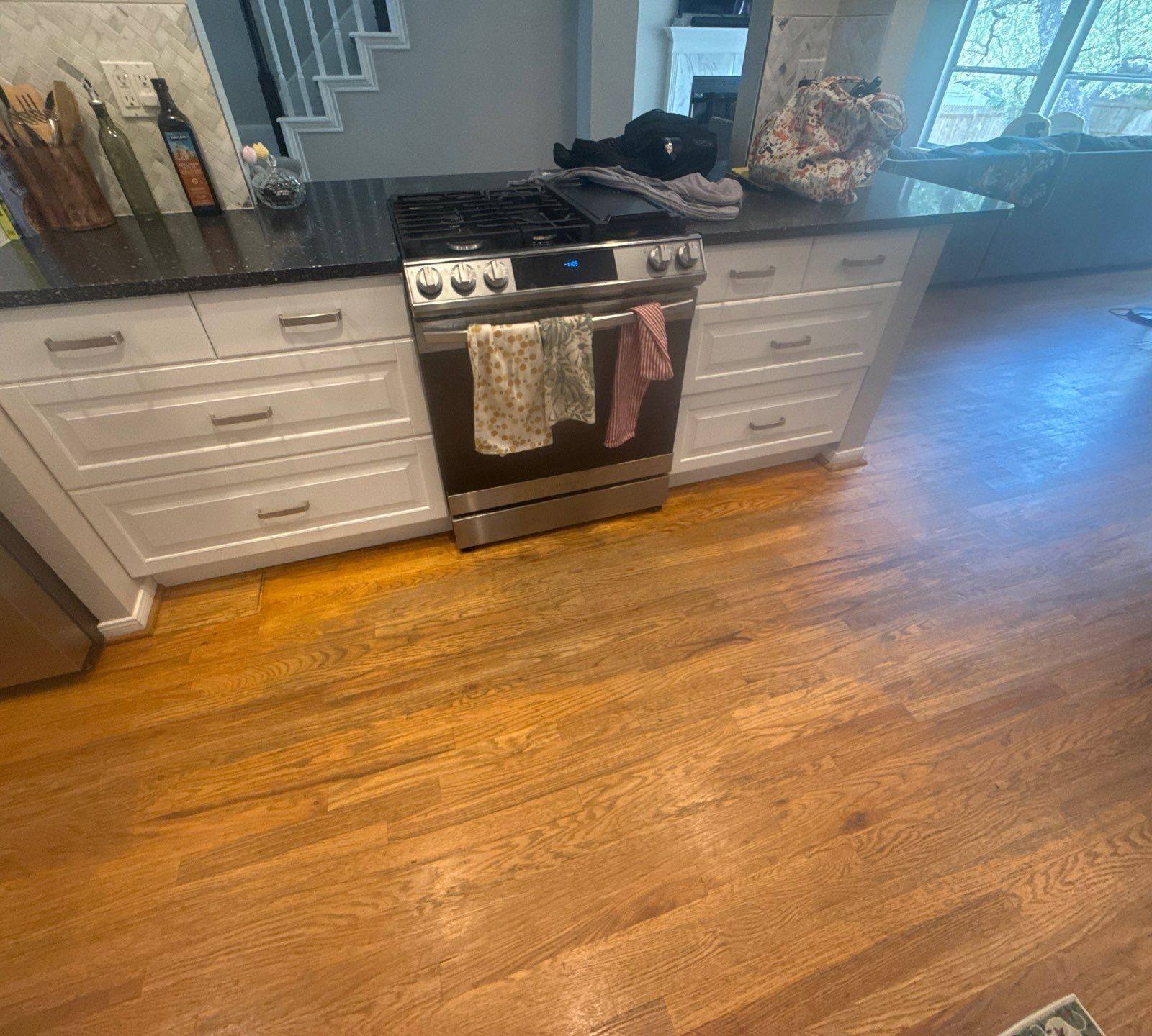 Kitchen cabinets around the range ahead of painting