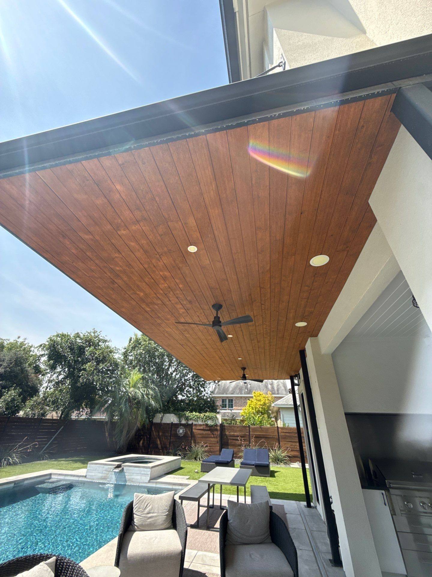 Porch ceiling with pool view ahead of painting