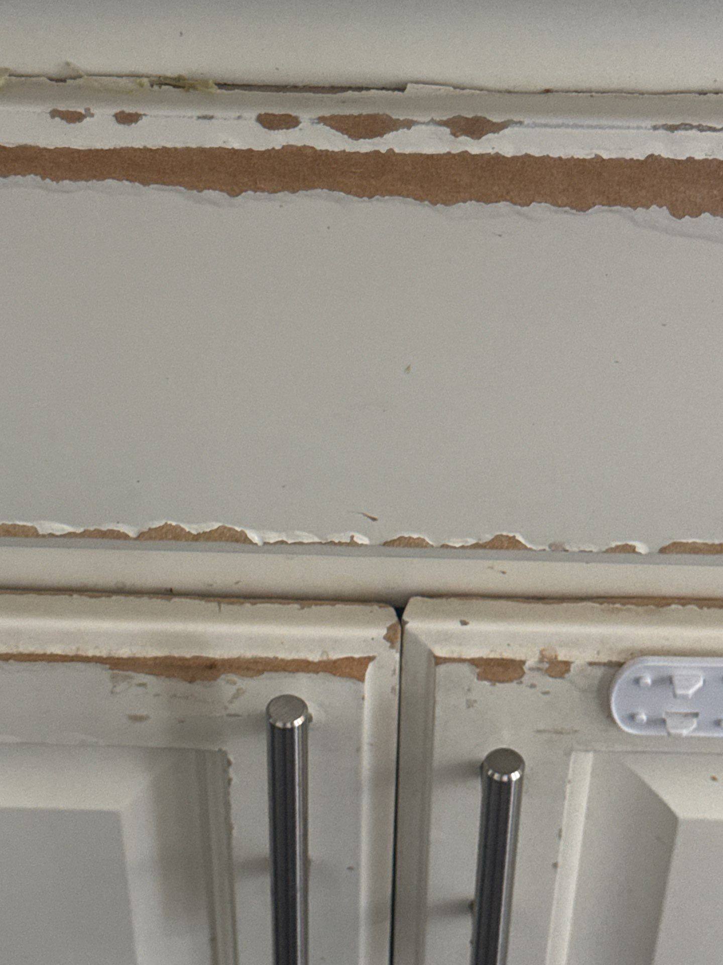 Kitchen cabinet peeling paint detail ahead of refinishing