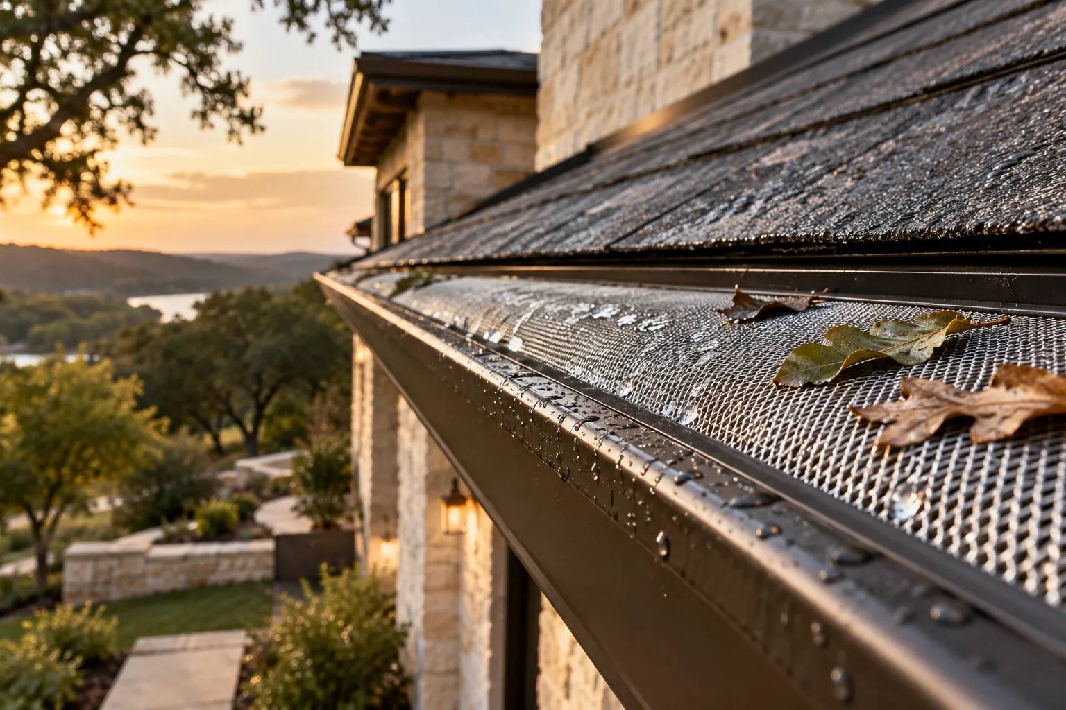 Close detail of a gutter with micro-mesh guard after rain