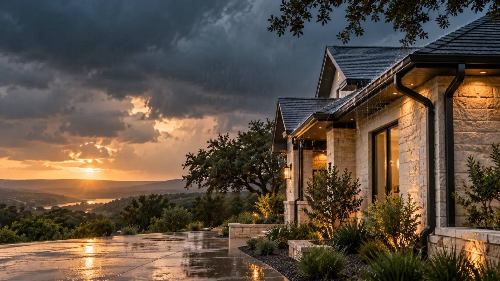 Central Texas home in a rainstorm with visible roof gutters