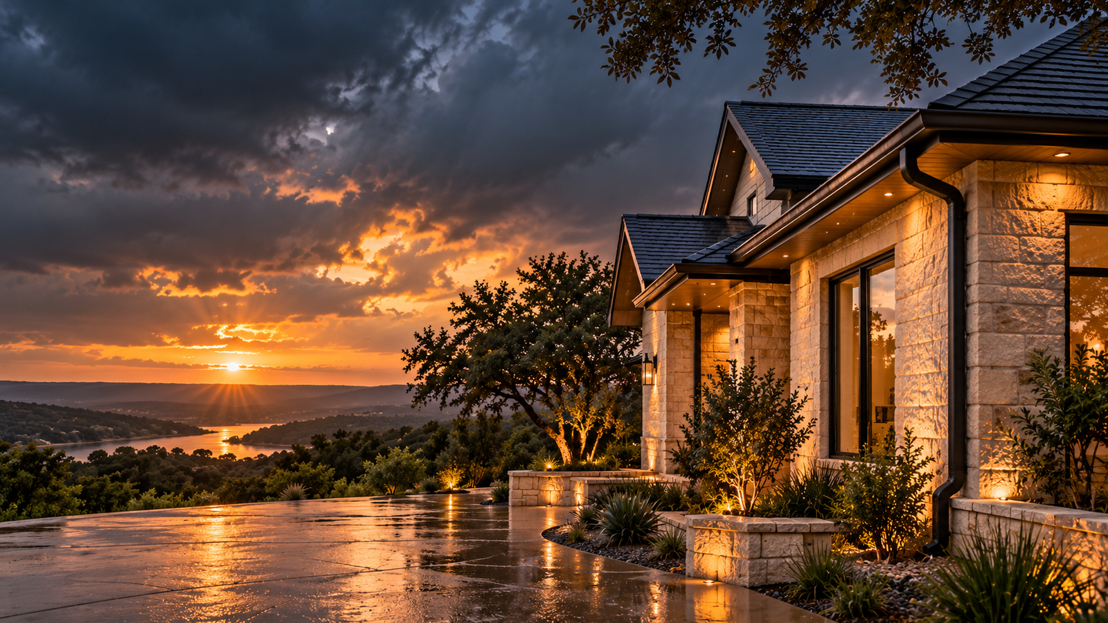 Central Texas home in a rainstorm with visible roof gutters