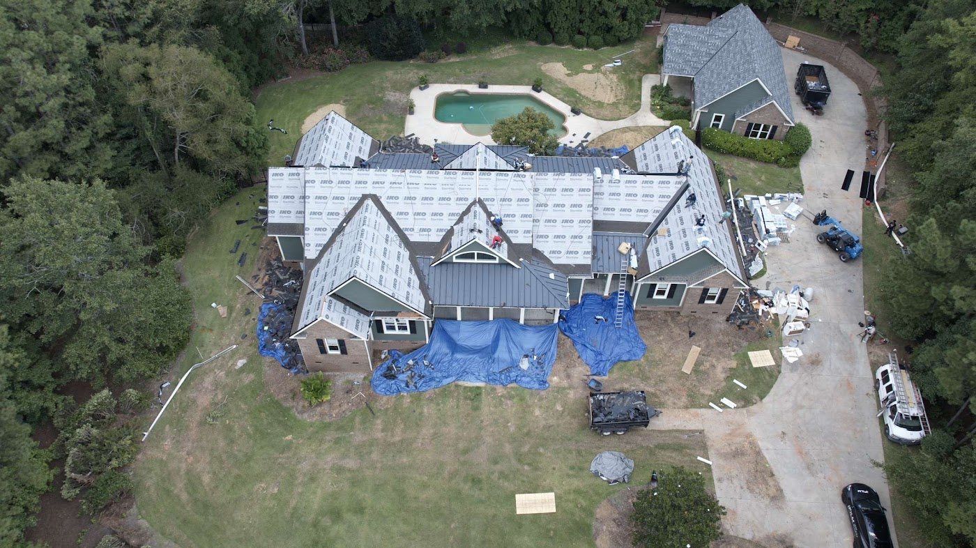 Aerial view of a KCC residential roof replacement dried in ahead of shingles