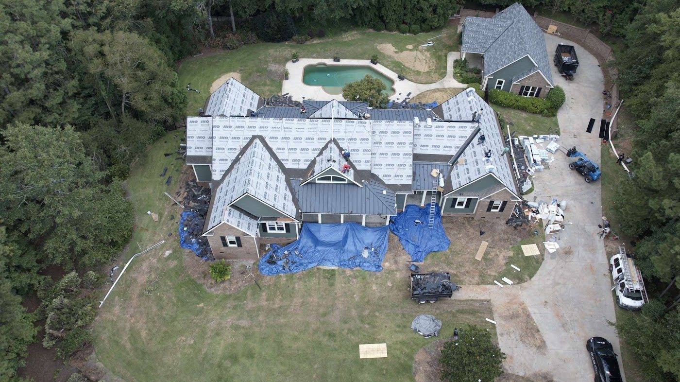 Aerial view of a KCC residential roof replacement dried in ahead of shingles